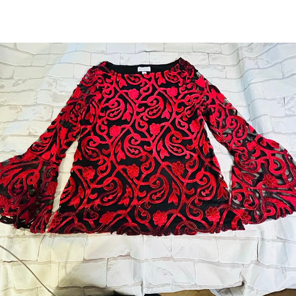 Charter Club Women Red Velvet Burnout Blouse Black Mesh Bell Sleeve Holiday